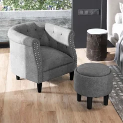 Costway Modern Accent Chair With Ottoman Armchair Barrel Sofa Chair With Footrest Grey 13 Costway Modern Accent Chair With Ottoman Armchair Barrel Sofa Chair With Footrest Grey -Home Furniture Shop GUEST 41db5b6a d838 4351 87c2 54106f517304
